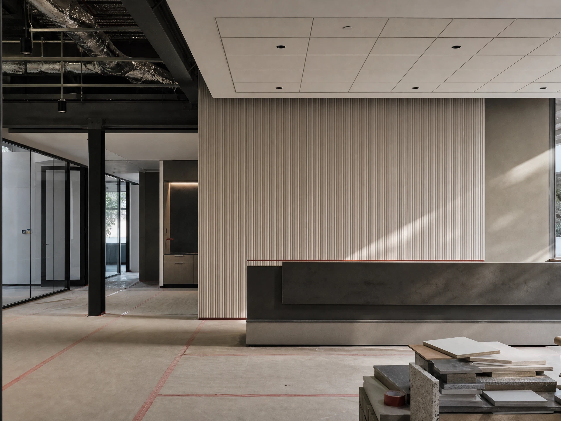 Commercial interior buildout with ceiling and finish work in progress